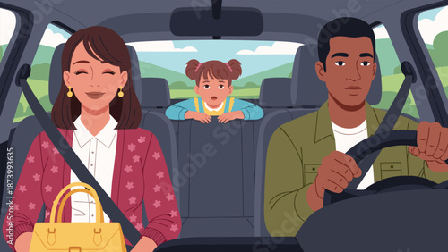 A family enjoying a road trip, with parents in the front and a child in the back seat