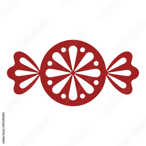 A red candy icon with a white floral design on a plain background