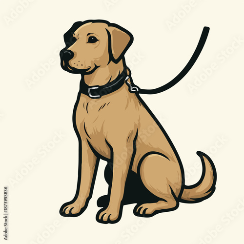 Print Illustration of a Sitting Dog on Leash