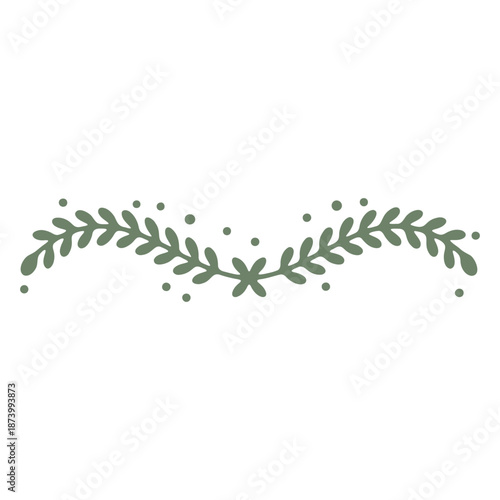 A minimalist vector graphic of a green leafy branch with small dots on a white background