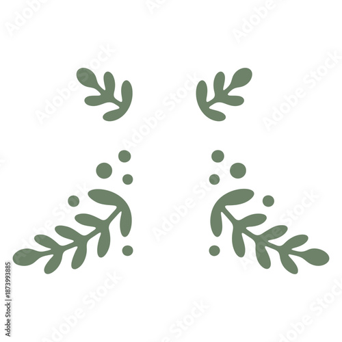 A minimalist vector graphic illustration of green leaves and dots on a white background