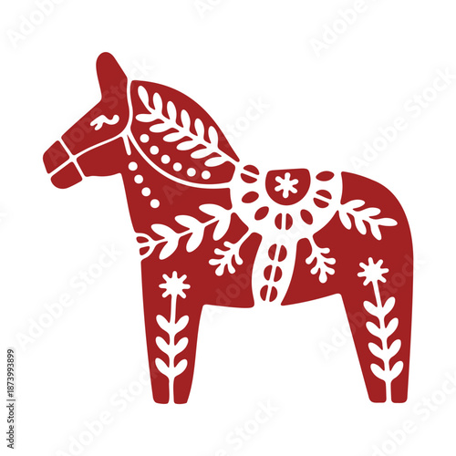 A red and white vector graphic of a decorated horse in a festive Scandinavian style