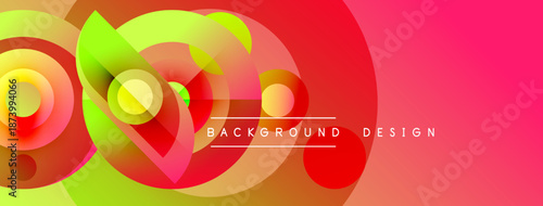 Abstract vibrant design features overlapping circles, gradients. Colors blend from green to red, creating dynamic visual effect.