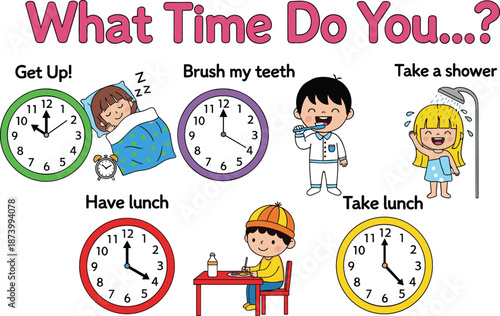 Educational vector set for children featuring daily routine activities and analog clocks for learning how to tell time.