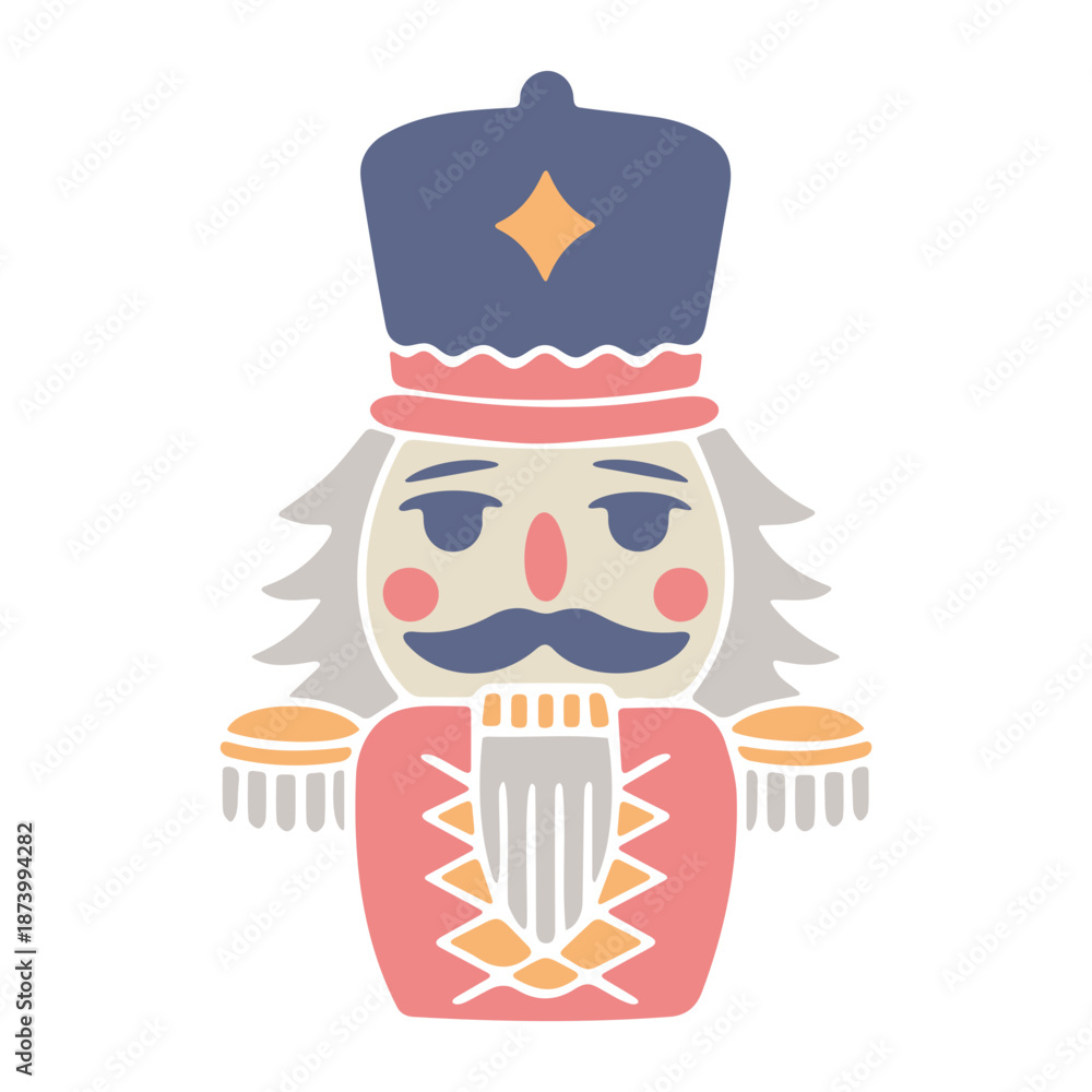 Fototapeta premium A colorful cartoon nutcracker soldier in a festive uniform and hat