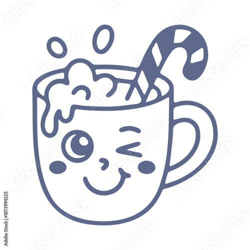 A cheerful cartoon mug with a candy cane and a happy face