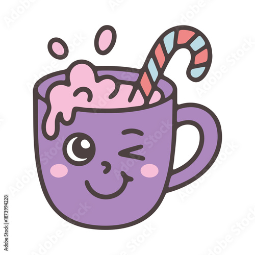 A whimsical cartoon mug with a candy cane and pink liquid on a white background