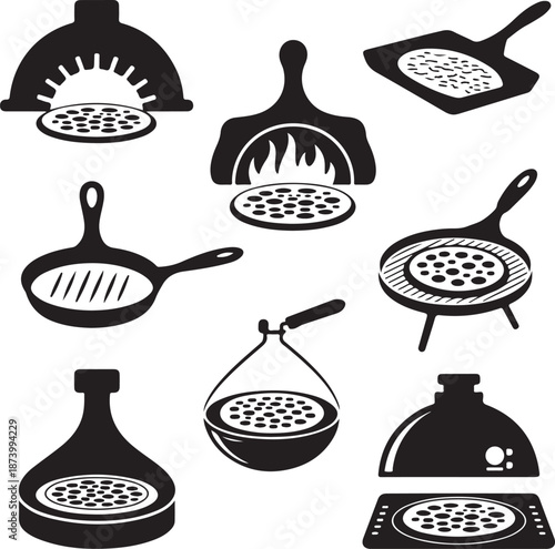 black and white icons of cooking utensils and pizza ovens for food preparation