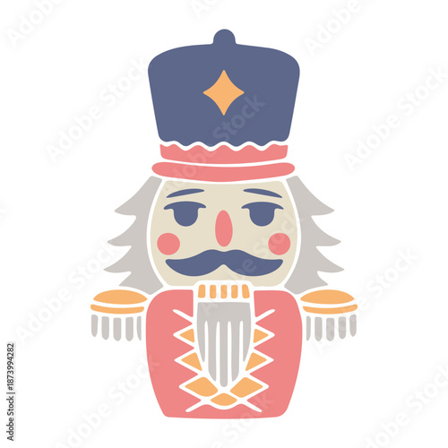 A colorful cartoon nutcracker soldier in a festive uniform and hat