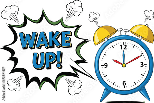 Energetic comic style vector illustration of a ringing blue alarm clock with a bold WAKE UP! speech burst.
