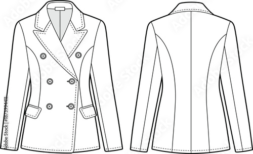Women’s double-breasted blazer technical flat sketch with notch lapel, button front, flap pockets, front and back view vector illustration
