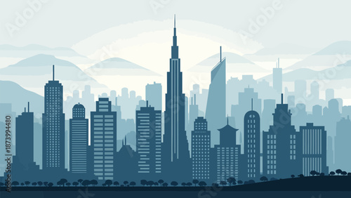 Modern cityscape with sleek skyscrapers and mountains