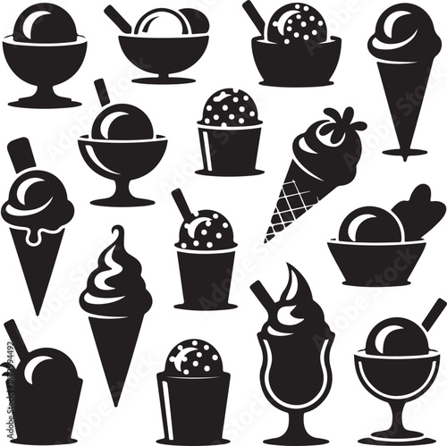 black and white icons of various ice cream desserts