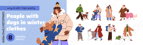People walk dogs in cute winter clothes set. Owners stroll their puppies in funny animals outerwear in cold weather. Happy characters with pups in outfits. Flat isolated vector illustrations on white