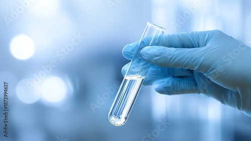 Hand holding a test tube with clear liquid.