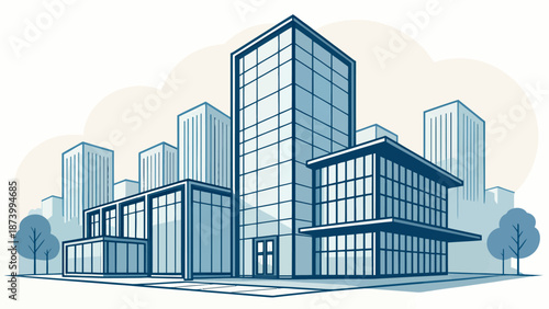 Modern office buildings in a cityscape with sleek glass architecture