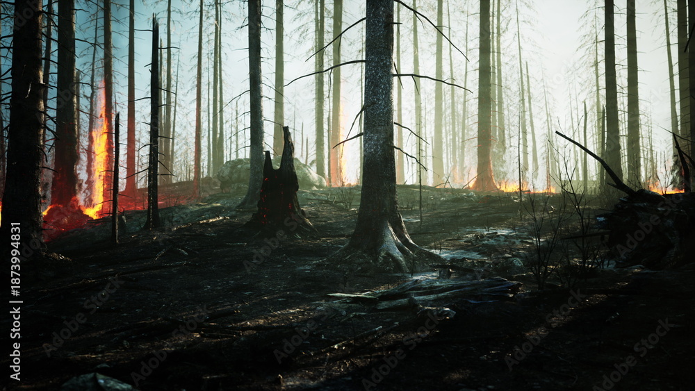 Naklejka premium Flames engulf parts of a dense forest, smoke billowing into a bright sky. Blackened trees stand amid glowing embers, highlighting the devastation of the fire during the day.