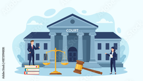 Illustration of a courtroom building with legal symbols like scales of justice and a gavel, representing justice and law