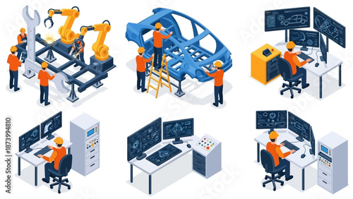 Industrial automation and engineering. Isometric illustrations of robotic manufacturing, product design, and advanced technology workstations