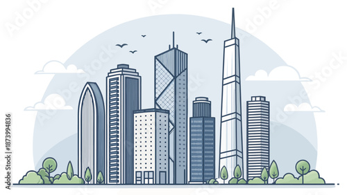 Modern city skyline with sleek skyscrapers and green landscape