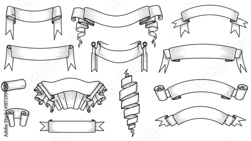 Collection of decorative blank banners and scrolls in a vintage hand-drawn sketch style, perfect for graphic design and branding elements