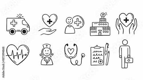 Healthcare and Medical Services Hand-Drawn Doodle Icons Collection Illustrating Emergency, Hospital Care, Doctors, Nurses, and Health Support Elements for Web and App Design