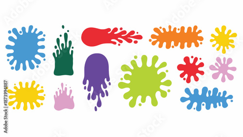 Vibrant liquid splash shapes and paint splatters in various colors and styles for design elements