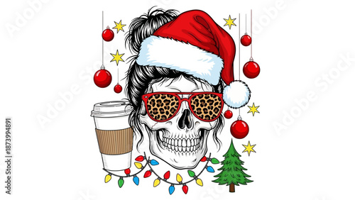 Unique Christmas Skull Graphic Adorned with Santa Hat, Trendy Leopard Sunglasses, Coffee, and Festive Holiday Ornaments