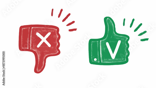 Illustrative sketch of contrasting red thumbs-down and green thumbs-up symbols, signifying agreement, disagreement, approval, disapproval, feedback, and decision choices