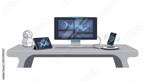 Modern office desk setup with computer, tablet, and smartphone displaying futuristic medical imaging technology