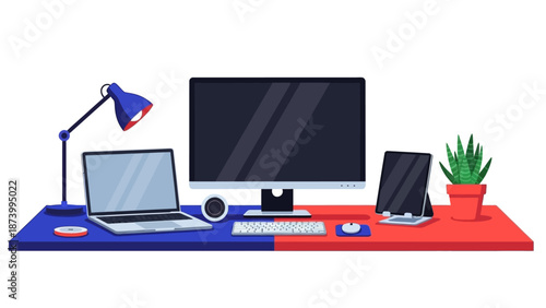 Modern workspace setup with computer, laptop, and plants on a colorful desk viewed from the front