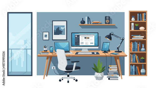 Modern office workspace with computer, chair, desk, bookshelf, and decor in a calm environment from a front viewpoint