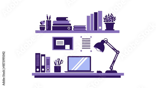 A modern workspace with a laptop, books, and office supplies on a desk and shelves, viewed from the side in a minimalist environment.