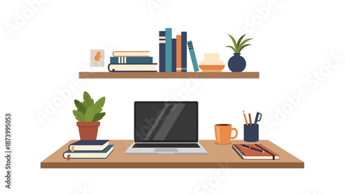 A modern workspace with a laptop, books, and plants on a wooden desk viewed from the front