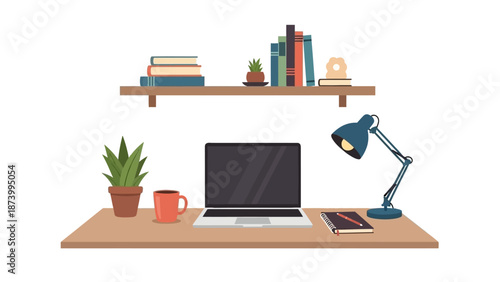 A modern workspace with a laptop, lamp, and plant on a wooden desk with a shelf containing books and decorative items