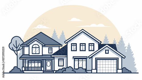 Modern suburban homes with garage and porch in serene landscape