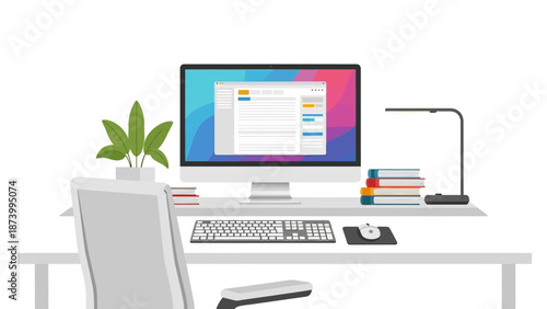 A computer monitor on a desk with keyboard and accessories in a modern office environment