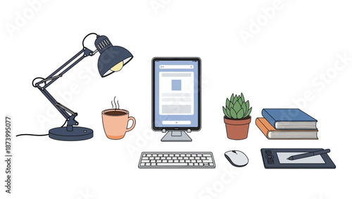 A still life arrangement of office supplies and decor on a desk viewed from the front