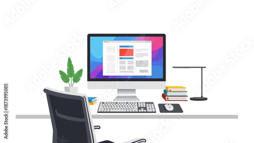 A computer workstation with a monitor displaying a colorful graphic design on a white desk