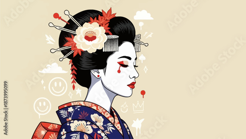 Artistic Illustration of a Geisha with Traditional Japanese Kimono and Hair Ornaments