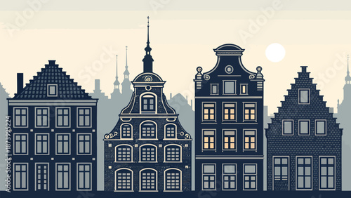 Traditional Dutch architecture in Amsterdam cityscape at dusk