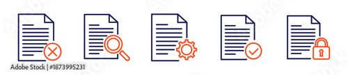 Document File Management Line Icons Set – Search, Settings, Security, Error and Approval Editable Stroke Vector