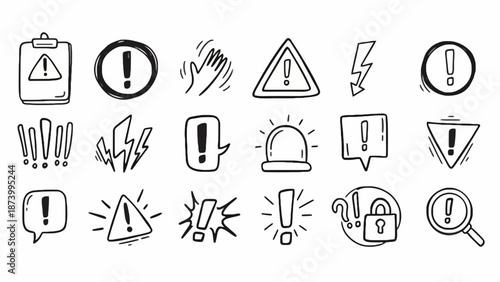 Doodle style hand-drawn icons illustrating warnings, alerts, and essential information for safety, caution, and important notice communication