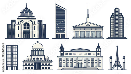 Collection of iconic city skylines and famous landmarks