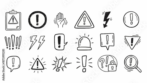 Collection of Exclamation Mark Icons and Warning Symbols for Alertness and Caution, Danger Signals