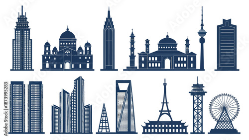 City skylines and famous landmarks in modern silhouette style