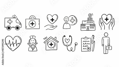 Collection of Hand-Drawn Medical and Healthcare Icons Representing Health Services and Support