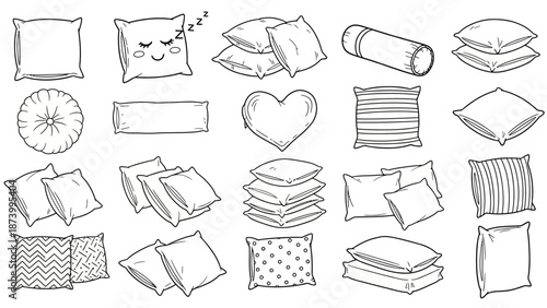 Hand-drawn pillow vector illustration set featuring diverse shapes, cozy designs, and patterns, ideal for sleep, comfort, and home decor graphic projects