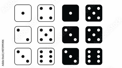 Collection of Dice Showing Numbers from One to Six, Arranged in a Grid Format