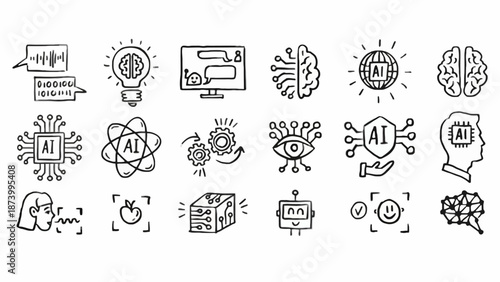 Collection of AI and technology icons representing artificial intelligence, machine learning, and digital innovation